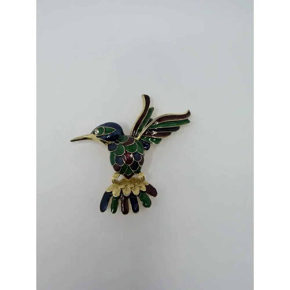 Vintage Hummingbird Statement Brooch Pin Gold Green Blue Rhinestone Cottage Core